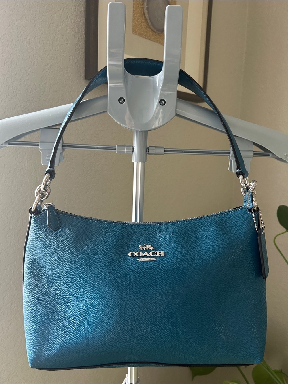 Coach Teal Pebbled Leather Shoulder Bag with Silver Hardware